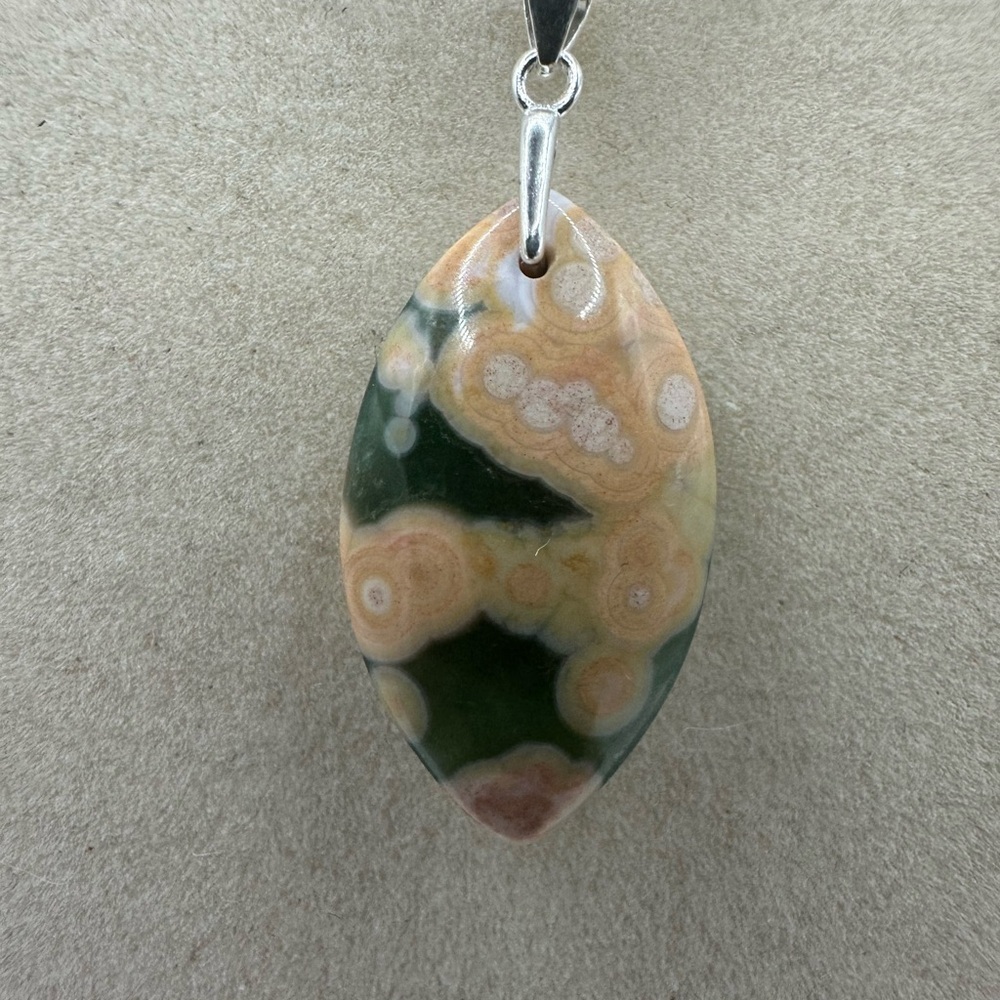 Eye Shaped Ocean Jasper Pendant on Stainless Steel Chain - Picture 8 of 9